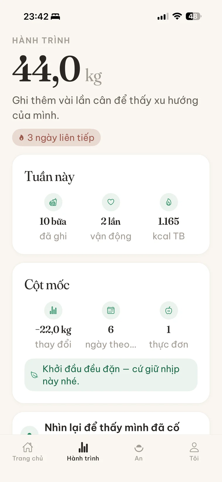 Hành trình — theo dõi cân nặng & cột mốc